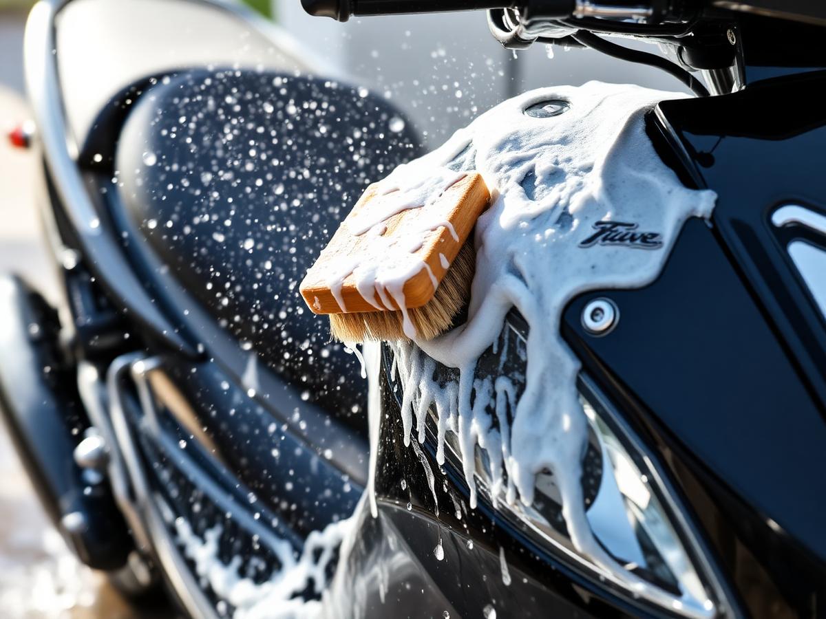 Bike cleaning service in Chennai — motorcycle being washed with foam and soft brush