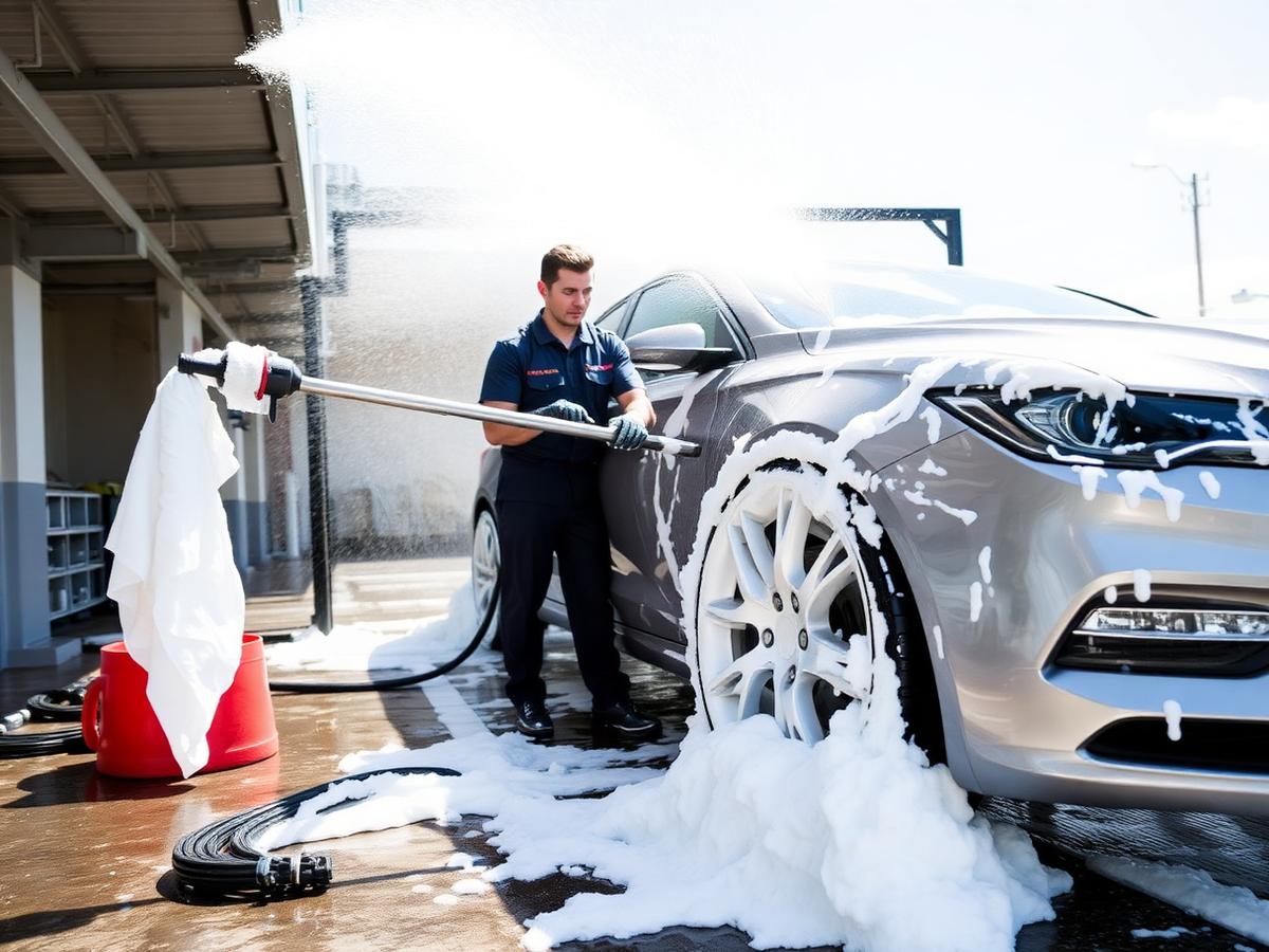 Foam wash being applied to a car at a car cleaning service in Padi Chennai